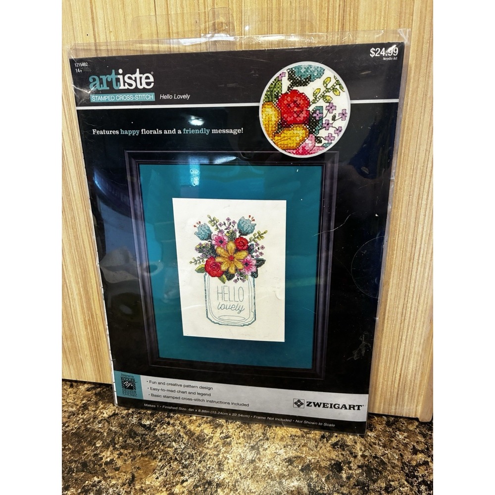 Zweigart Artiste Love Always Stamped Cross Stitch Kit Mason Jar Floral 6"×9"